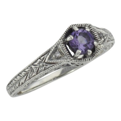 Victorian Style Amethyst Filigree Ring w/ 2 Diamonds - Sterling Silver - FR-761-AM