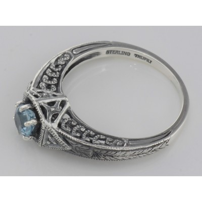 Victorian Style Blue Topaz Filigree Ring w/ 2 Diamonds - Sterling Silver - FR-761-BT