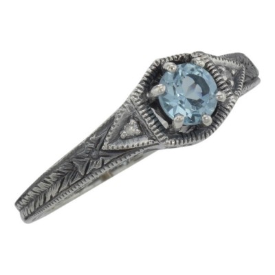 Victorian Style Blue Topaz Filigree Ring w/ 2 Diamonds - Sterling Silver - FR-761-BT