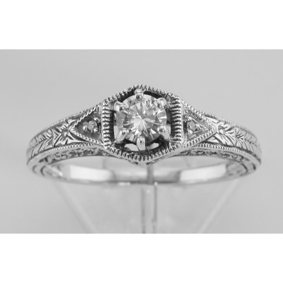 Victorian Style Cubic Zirconia Filigree Ring w/ 2 Diamonds - Sterling Silver - FR-761-CZ