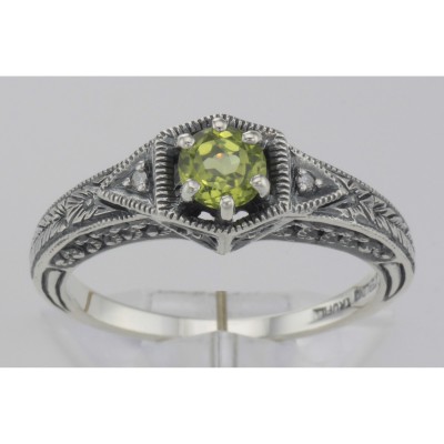 Victorian Style Peridot Filigree Ring w/ 2 Diamonds - Sterling Silver - FR-761-P