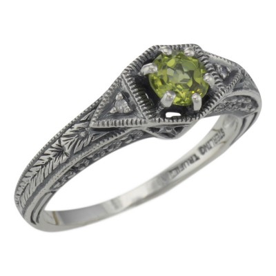 Victorian Style Peridot Filigree Ring w/ 2 Diamonds - Sterling Silver - FR-761-P