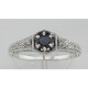 Art Deco Style Blue Sapphire Filigree Ring w/ 2 Diamonds - Sterling Silver - FR-761-S