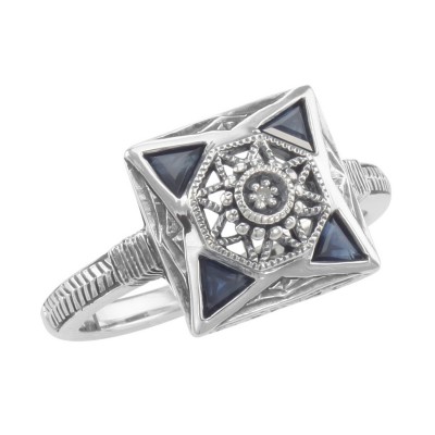 Art Deco Style Diamond and Genuine Blue Sapphire Ring - Sterling Silver - FR-770