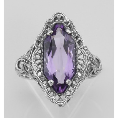Art Deco Style 4 Carat Amethyst Filigree Ring - Sterling Silver - FR-776-AM
