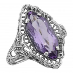 Art Deco Style 4 Carat Amethyst Filigree Ring - Sterling Silver