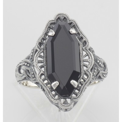 Art Deco Style 4 Carat Black Spinel Filigree Ring - Sterling Silver - FR-776-O
