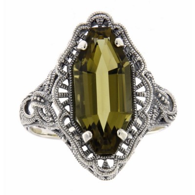 Art Deco Style 4 Carat Olive Quartz Filigree Ring - Sterling Silver - FR-776-OQ