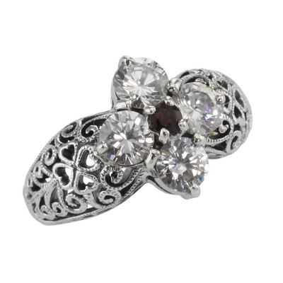 Art Deco Style Garnet Filigree Ring w/ CZ - Sterling Silver - FR-778-CZ-G