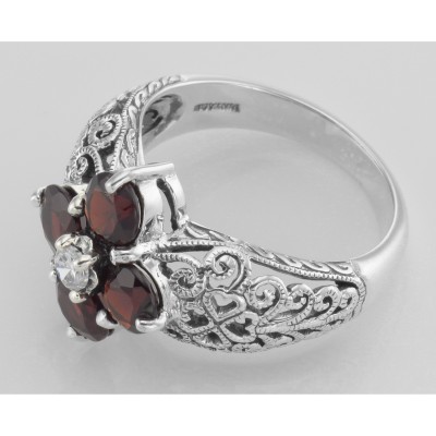 Classic Victorian Style Garnet Filigree Ring w/ CZ Center - Sterling Silver Flower Ring - FR-778-G