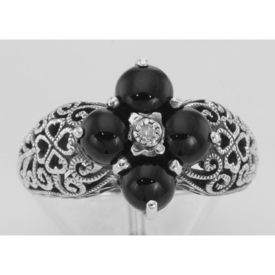 Art Deco Style Black Onyx Filigree Ring w/ Diamond - Sterling Silver - FR-782-O