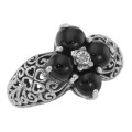 ONLY 1 IN STOCK - Art Deco Style Black Onyx Filigree Ring w/ Diamond - Sterling Silver Flower Ring