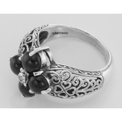 Art Deco Style Black Onyx Filigree Ring w/ Diamond - Sterling Silver - FR-782-O