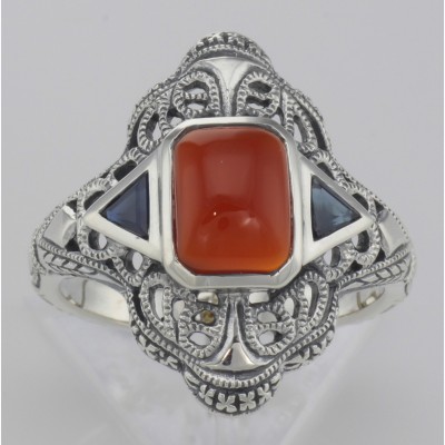 Art Deco Style Red Carnelian Filigree Ring Sapphire Accents Sterling Silver - FR-789-CAR-S