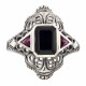 Art Deco Style Black Onyx Filigree Ring w/ Ruby Accents - Sterling Silver - FR-789-O-R