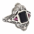 Art Deco Style Black Onyx Filigree Ring w/ Ruby Accents - Sterling Silver