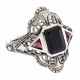 Art Deco Style Black Onyx Filigree Ring w/ Ruby Accents - Sterling Silver - FR-789-O-R