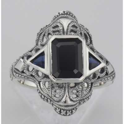 Art Deco Style Black Onyx Filigree Ring w/ Sapphire Accents Sterling Silver - FR-789-O-S