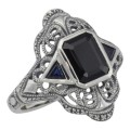 Art Deco Style Black Onyx Filigree Ring Sapphire Accents Sterling Silver