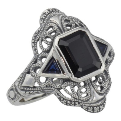 Art Deco Style Black Onyx Filigree Ring w/ Sapphire Accents Sterling Silver - FR-789-O-S