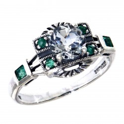 Sterling Silver White Topaz / Emerald Filigree Ring - Art Deco Style