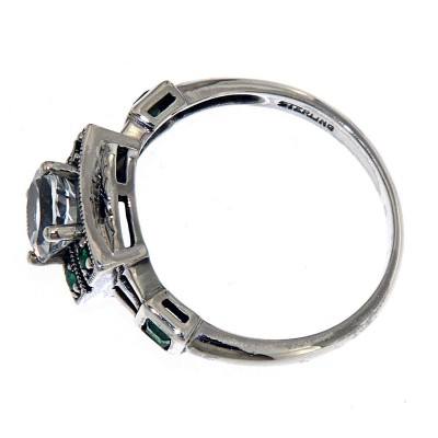 Sterling Silver White Topaz / Emerald Filigree Ring - Art Deco Style - FR-79-E-WT