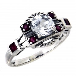Sterling Silver White Topaz / Ruby Filigree Ring - Art Deco Style