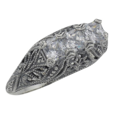 Art Deco Style Sterling Silver Filigree Ring with 3 Princess Cut White Topaz - FR-810-WT