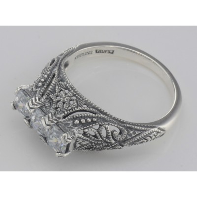 Art Deco Style Sterling Silver Filigree Ring with 3 Princess Cut White Topaz - FR-810-WT