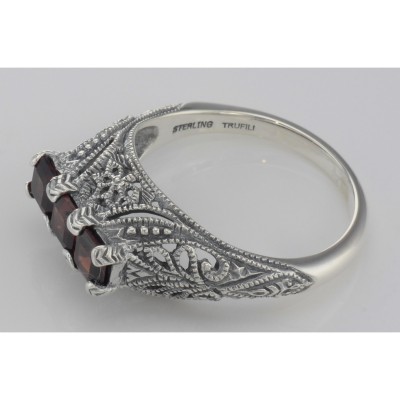 Art Deco Style Sterling Silver Filigree Ring 3 Princess Cut Garnet Gemstones - FR-810-G