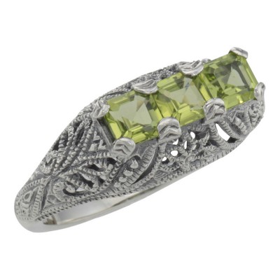 Art Deco Style Sterling Silver Filigree Ring 3 Princess Cut Peridot Gems - FR-810-P