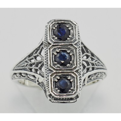 Filigree Ring w/ Sapphire - Sterling Silver - FR-817-S