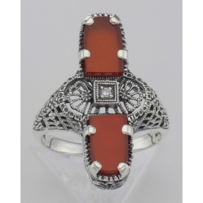 Art Deco Style 2 Stone Red Carnelian Diamond Filigree Ring Sterling Silver - FR-890-CAR