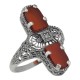 Art Deco Style 2 Stone Red Carnelian Diamond Filigree Ring Sterling Silver - FR-890-CAR