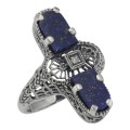 Art Deco Style 2 Stone Blue Lapis Diamond Filigree Ring Sterling Silver