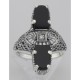 Art Deco Style 2 Stone Black Onyx and Diamond Filigree Ring Sterling Silver - FR-890-O