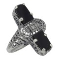 Art Deco 2 Stone Black Onyx and Diamond Filigree Ring Sterling Silver
