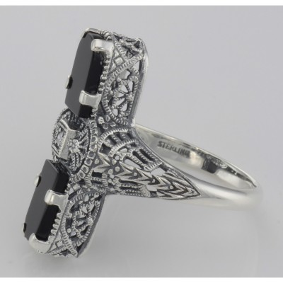 Art Deco Style 2 Stone Black Onyx and Diamond Filigree Ring Sterling Silver - FR-890-O