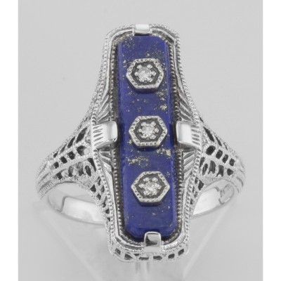 Art Deco Style Blue Lapis Filigree Ring 3 Diamond Accents - Sterling Silver - FR-904-L