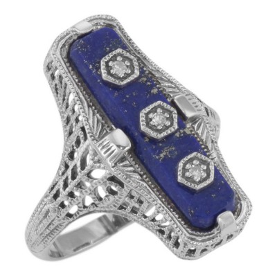 Art Deco Style Blue Lapis Filigree Ring 3 Diamond Accents - Sterling Silver - FR-904-L