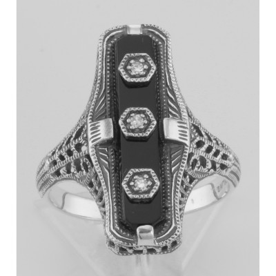 Art Deco Style Black Onyx Filigree Ring 3 Diamond Accents - Sterling Silver - FR-904-O