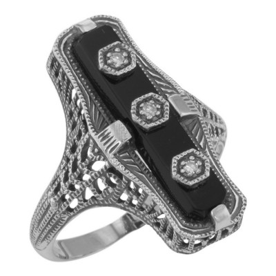 Art Deco Style Black Onyx Filigree Ring 3 Diamond Accents - Sterling Silver - FR-904-O