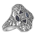 Art Deco Style Filigree Diamond Ring w/ 4 Blue Sapphires - Sterling Silver