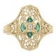 Art Deco Style Filigree Diamond Ring w/ 4 emerald accents - 14kt Yellow Gold - FR-931-E-YG