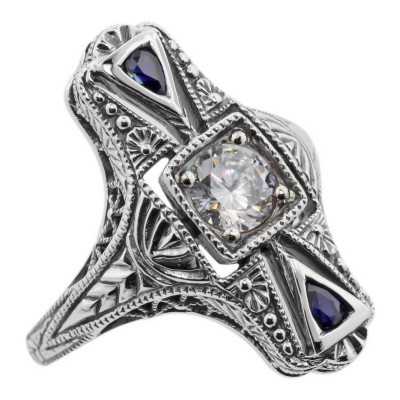 Art Deco Style White Topaz and Sapphire Filigree Ring - Sterling Silver - FR-990-WT