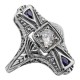 Art Deco Style White Topaz and Sapphire Filigree Ring - Sterling Silver - FR-990-WT