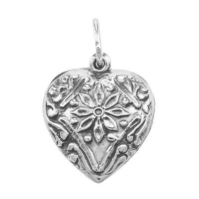 Antique Style Floral Heart Charm or Pendant - Sterling Silver - HC-9