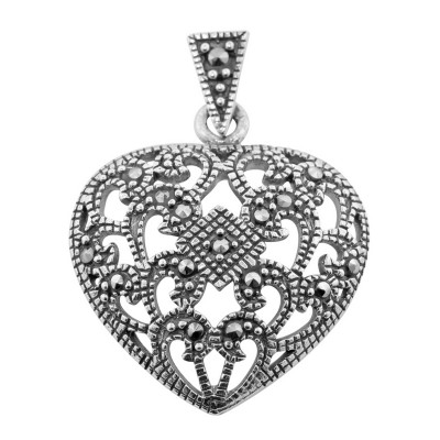 Victorian Style Openwork Marcasite Heart Pendant - Sterling Silver - HP-15