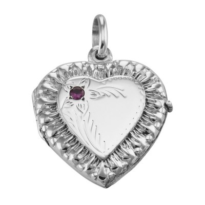 Sterling Silver Heart Locket Pendant with Red CZ - Victorian Style - HP-197