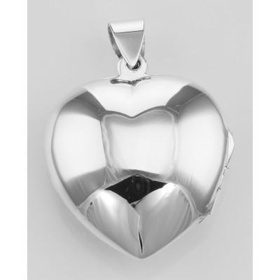 Antique Style Puffy Heart Locket Pendant - Flower Design - Sterling Silver - HP-603